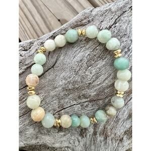 Amazonite Gemstone Beaded Stretch Bracelet Healing Chakra Women 6mm Gold Plated